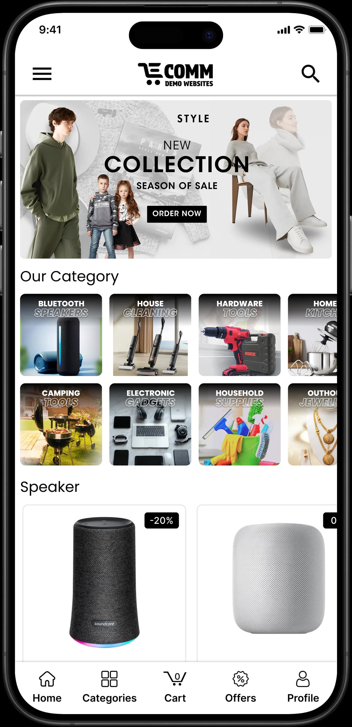Mobile preview of eCommerce demo website showing product categories and ₹50,000 lifetime deal offer from Tryzen Solution